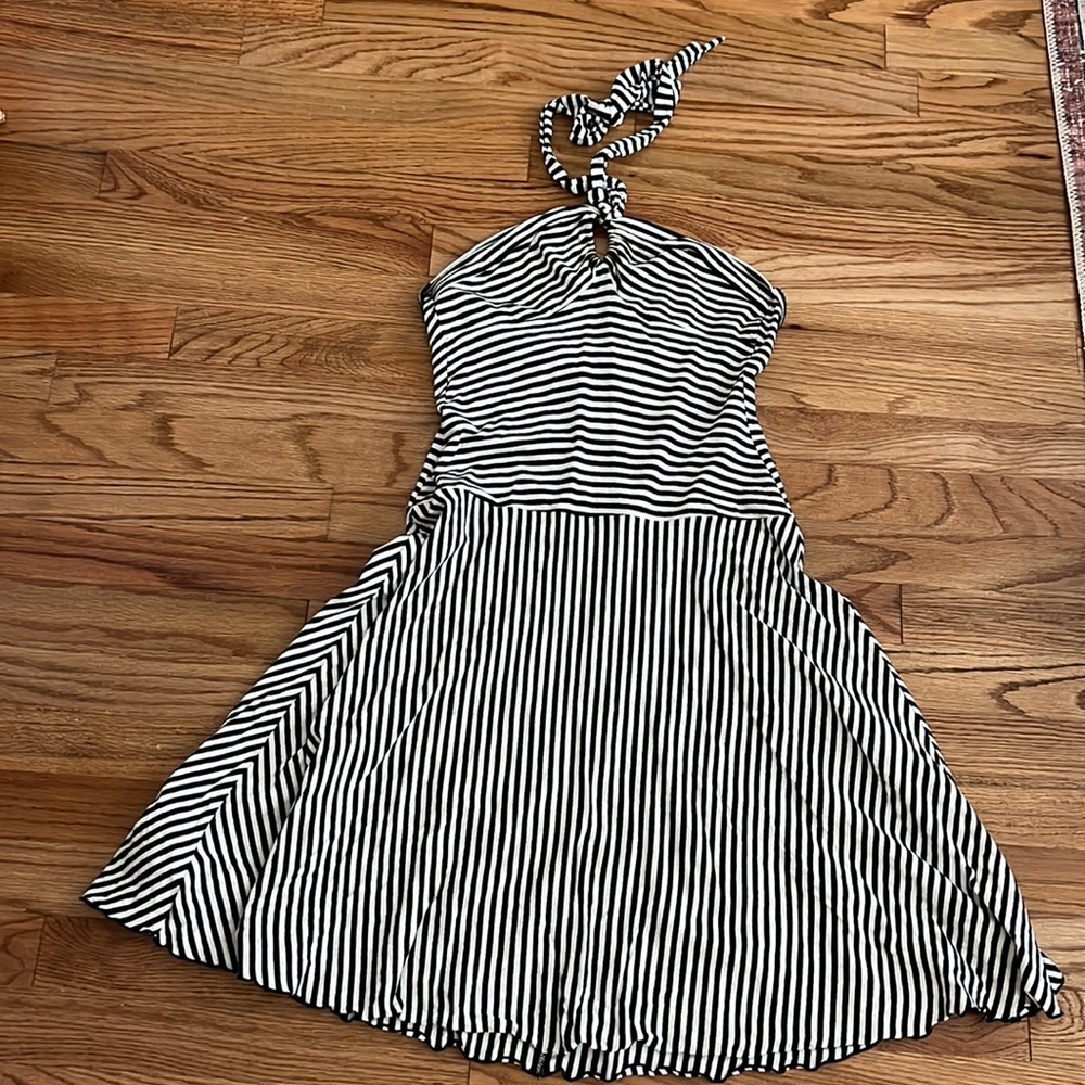 Trina Turk Black and White Striped Halter Midi Dress